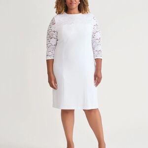 Kasper White Lace-Yoke Midi Sheath White Dress Wedding